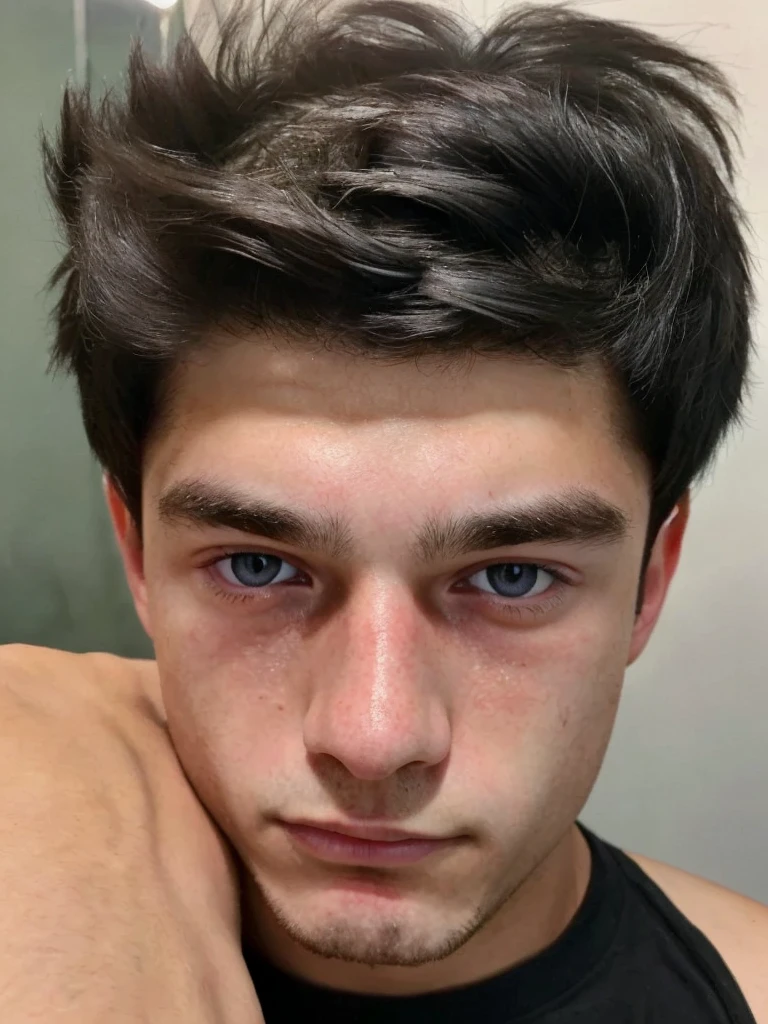 captivating 18-year-old boy with striking features, his eyes reflecting both innocence and wisdom, black hair and most realistic possible (taking a selfie)