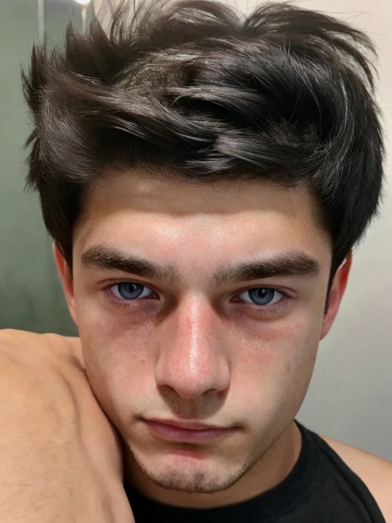 captivating 18-year-old boy with striking features, his eyes reflecting both innocence and wisdom, black hair and most realistic possible (taking a selfie)