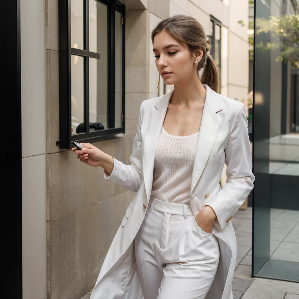 elegant woman, with petras formal clothes, usando airpods