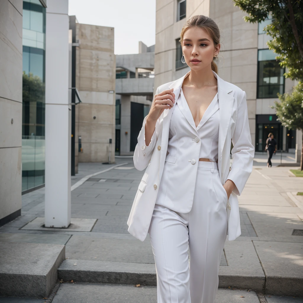 elegant woman, with petras formal clothes, usando airpods