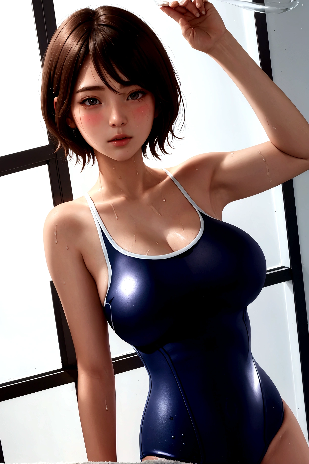 masterpiece, Highest quality, Absurd, 8K,
Super detailed, Best illustrations, Ultra-high resolution, Depth of written boundary, Photorealism: 1.4, RAW Photos: 1.2,
Detailed Hair, Realistic Hair, Realistic lighting, Realistic Shadows,
Realistic Skin, Natural skin texture, Pale skin: 1.2, Fair skin: 1.1, Transparency,
(Chest pressed against the glass), One girl, Large Breasts,
((School Swimsuit:1.5)) ,Brown Hair,Wet Hair,
((Sweat:1.3)), (vapor:1.2), (blush),
((Short Hair)), Bathroom,
Perfect female figure, Highly detailed face and eyes, Very fine hair,