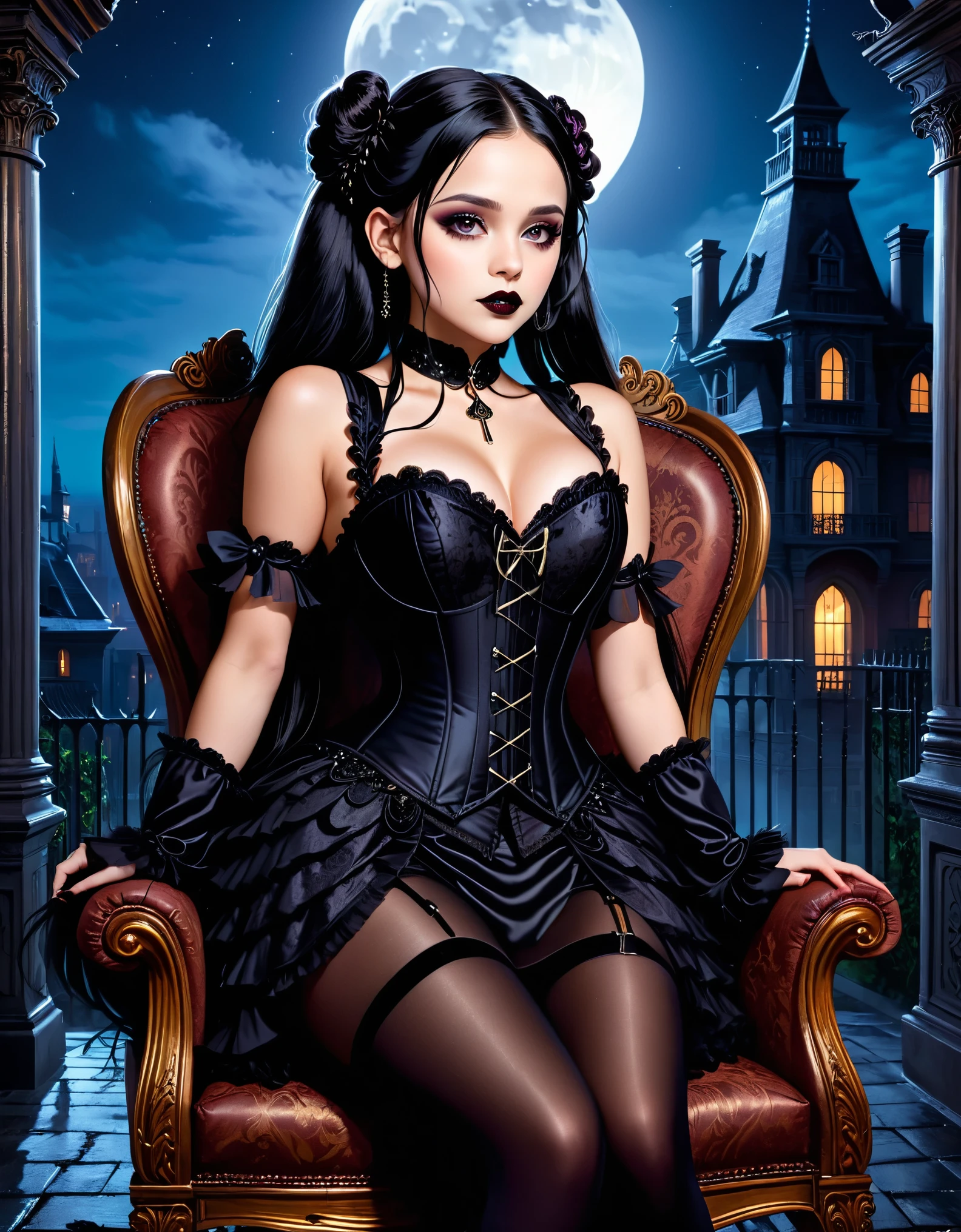 A young woman with long black hair styled in two braids and wears minimal makeup with dark eyeliner, black lipstick, sexy goth, Wednesday Addams (Jenna Ortega). Jenna Ortega as Wednesday Addams.  The setting is on the roof top of an old decaying mansion at midnight with a big bright full moon in the background. Wednesday is sitting in an old luxury ornate high back chair playing a large cello. She is wearing black ornate fabric choker, black corset, black short feathered dress with black stockings. A peculiar, lifelike severed hand is on her shoulder, adding an element of mystery. The lighting is eerie, coming from an unseen source, creating a since of mystery and intriguing atmosphere. Hyper realistic photo, vibrant colors, 16k.