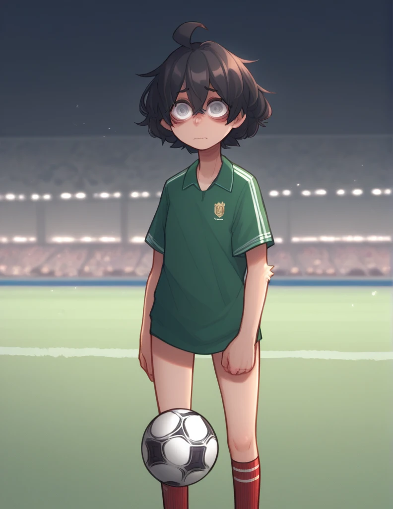 1 girl, alone, ppka, black fur, short hair, messy fur, Ahoge, parts, parts por todo el cuerpo, grey eyes, blind eyes, kind eyes, very nervous, looking at the viewer,
Soccer, uniform of the Mexican national team, tennis, red socks, knee high socks, short blanco, green shirt, mexican national team shirt, soccer ball, Football field