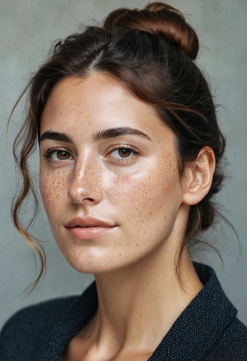 Portrait of Roberta Gemma, italian woman, 30 years old, face highly detailed, natural skin with light freckles, light make-up, hair pulled up in a bun . 