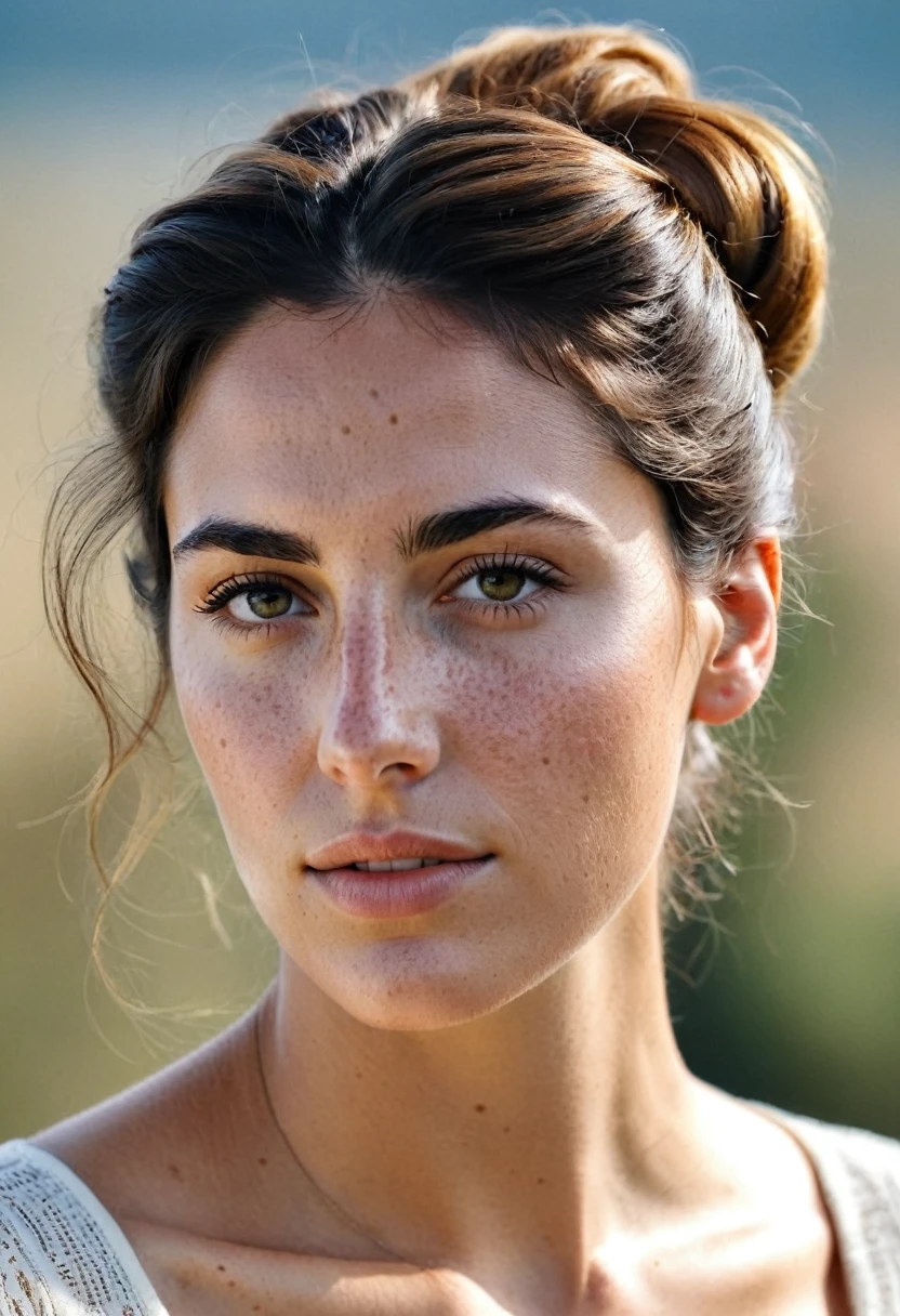 ((best quality)), ((masterpiece)), (detailed), perfect face, sunsetting in the background, young italian woman with hazel eyes, wearing a white tunic. she is looking off at the sunset, olive trees in the distance