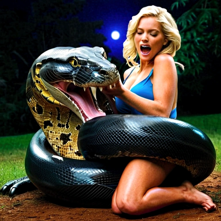 Happy Horny, aroused 1girl), beautiful kneeling blonde girl with giant colossal black titanboa squeezing her hard, wrapped in thick spiraling coils, constricted, struggle, gasping for air, snake attack, snake peril, moonless night, dim light