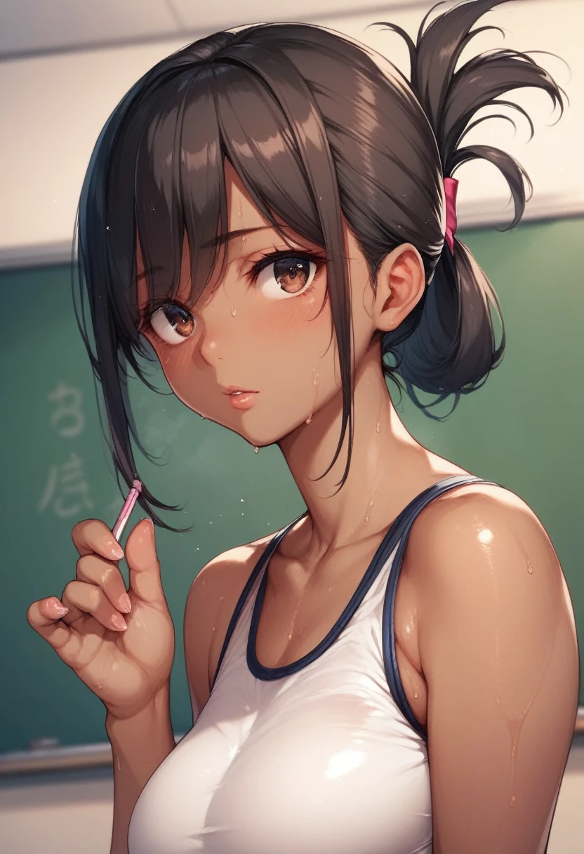 beautiful girl (((Dark brown skin))) Shigure Ui Sailor suit Black school swimsuit Beautiful tall woman Black Hair Long, narrow eyes sweat (((folded ponytail))) Alluring classroom Love juice