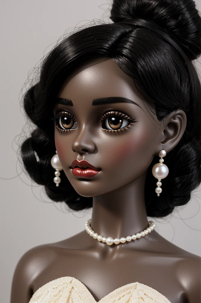 Blythe doll, shoulder-length wavy black hair, brown skin, big lips and refined nose, big dark eyes, with pearl earrings and pearl necklace and black clothes
