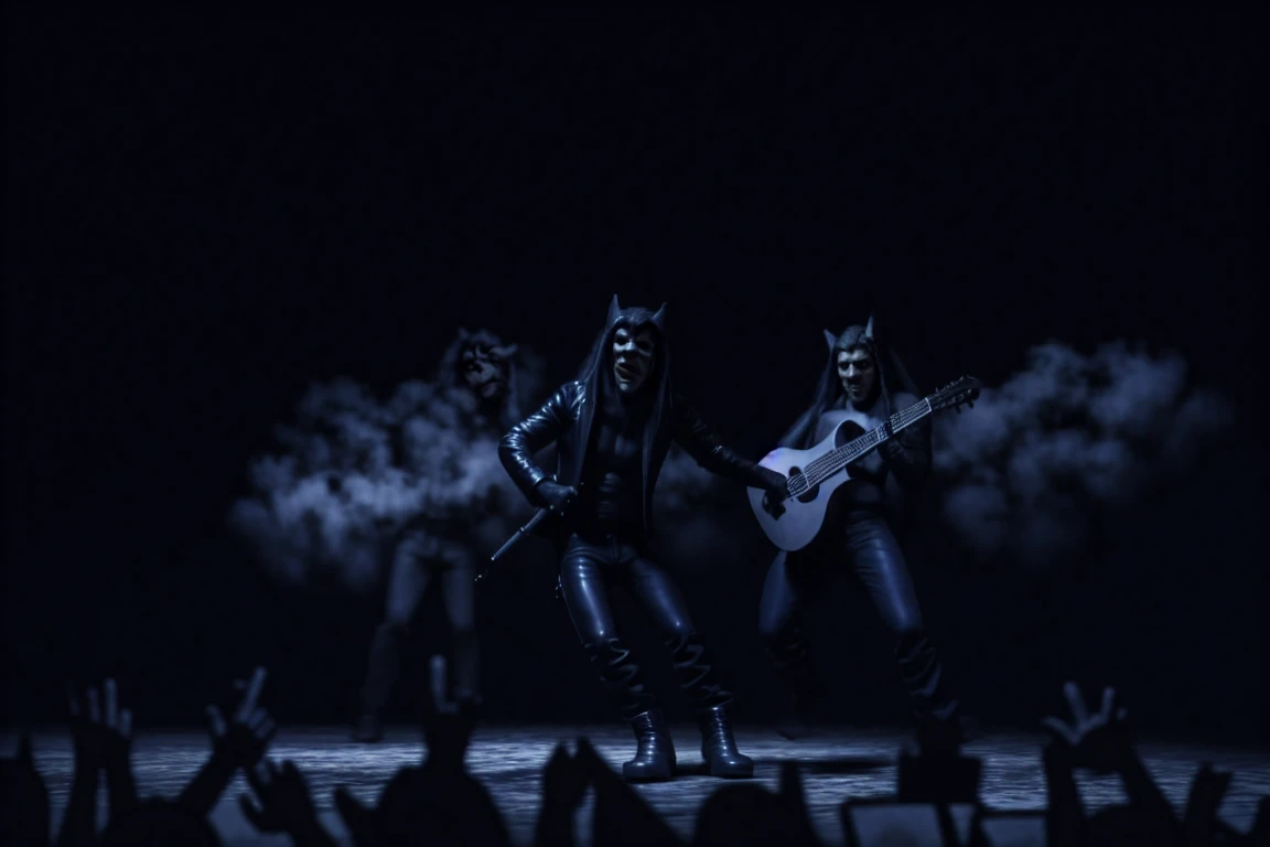 Three white male cats painted on their faces with black lines in different shapes, all with long hair. with high quality, 4k, hdr, dressed in this outfit open black leather vests without shirt tight black leather pants and black leather boots with demon faces engraved on the toe, two playing the guitar and singing, one singing and playing the bass, and one playing the drums behind everyone higher up. all singing on stage. Full body front view.