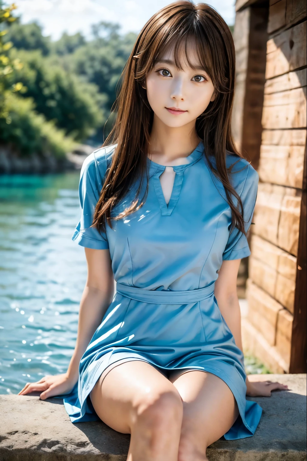 Woman sitting by the lake、Put your hands behind your back、Beauty、Well-formed face、Uniform eyes、20 years old、university student、(((Wearing a long light blue dress)))、Panties are visible between the skirt and legs、Wearing white panties、Wearing pumps、Smiling、Well-balanced proportions、Perfect blue sky、Medium build、Small face、Small Bust、View from below、, light brown hair, crossed bangs, straight hair, floating hair, seductive smile, shiny hair, expressive hair, Surrealism, Verism, cinematic lighting, tachi-e, first-person view, Nikon, UHD, anatomically correct, textured skin, high details, best quality, highres, 8k