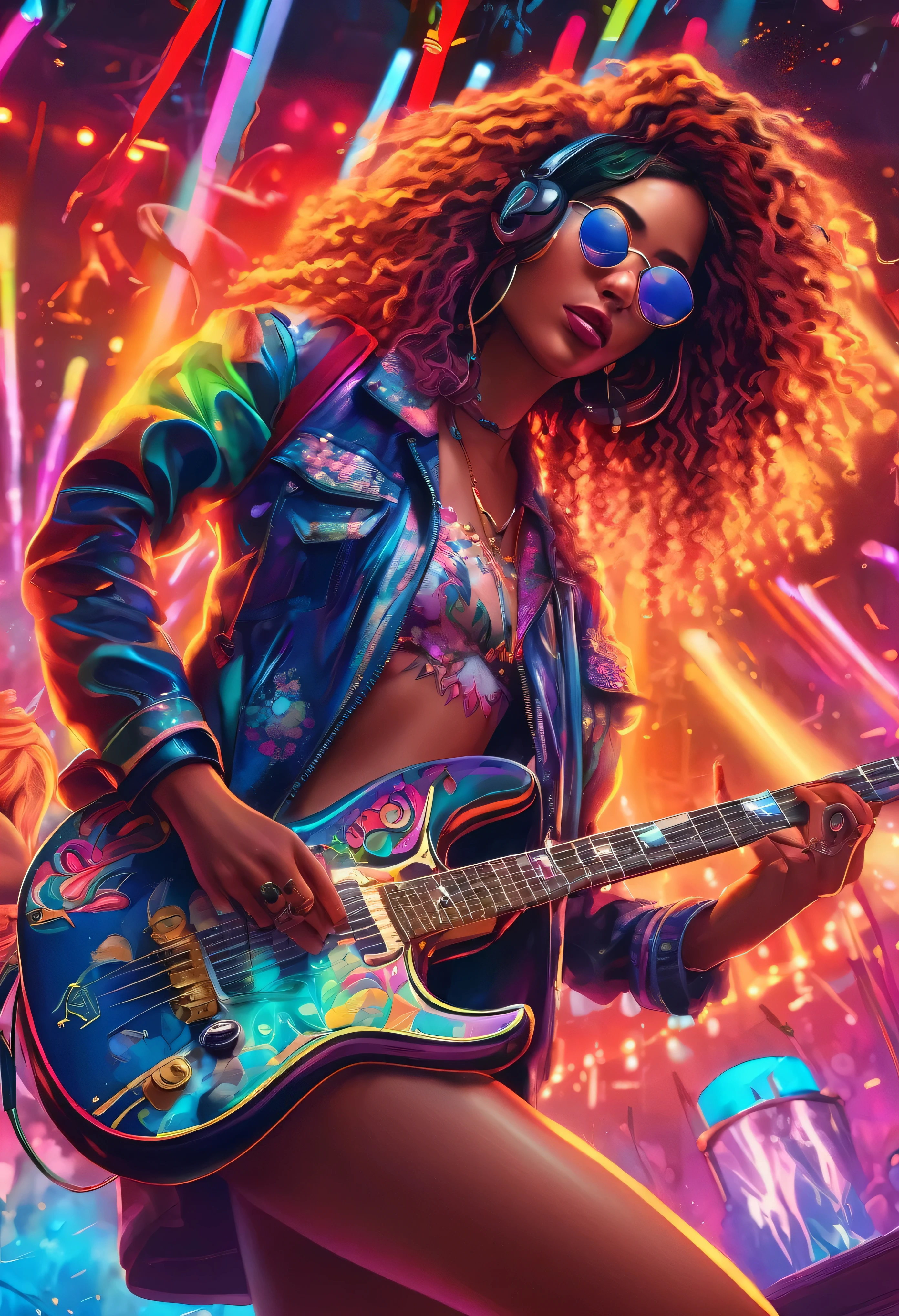 a music festival,1girl,standing on stage,playing an electric guitar,surrounded by a large crowd,colorful lights,smoke machine,rock music,high energy,vibrant atmosphere,detailed facial features,beautiful detailed eyes,beautiful detailed lips,extremely detailed skin,dynamic pose,dramatic lighting,neon colors,edgy urban style,photorealistic,8k,high resolution,hyper detailed,masterpiece