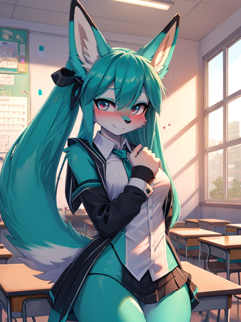 Miku Hatsune x vixen student costume, whole body, best high definition lighting, blushing face add_detail:1, Classroom