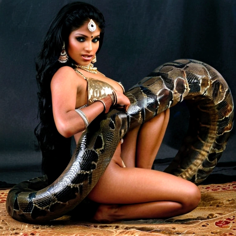 Topless thong Happy Horny, aroused 1girl), beautiful kneeling Indian young belly dancer with giant colossal black titanboa squeezing her hard, wrapped in thick spiraling coils, constricted, struggle, gasping for air, snake attack, snake peril, moonless night, dim light