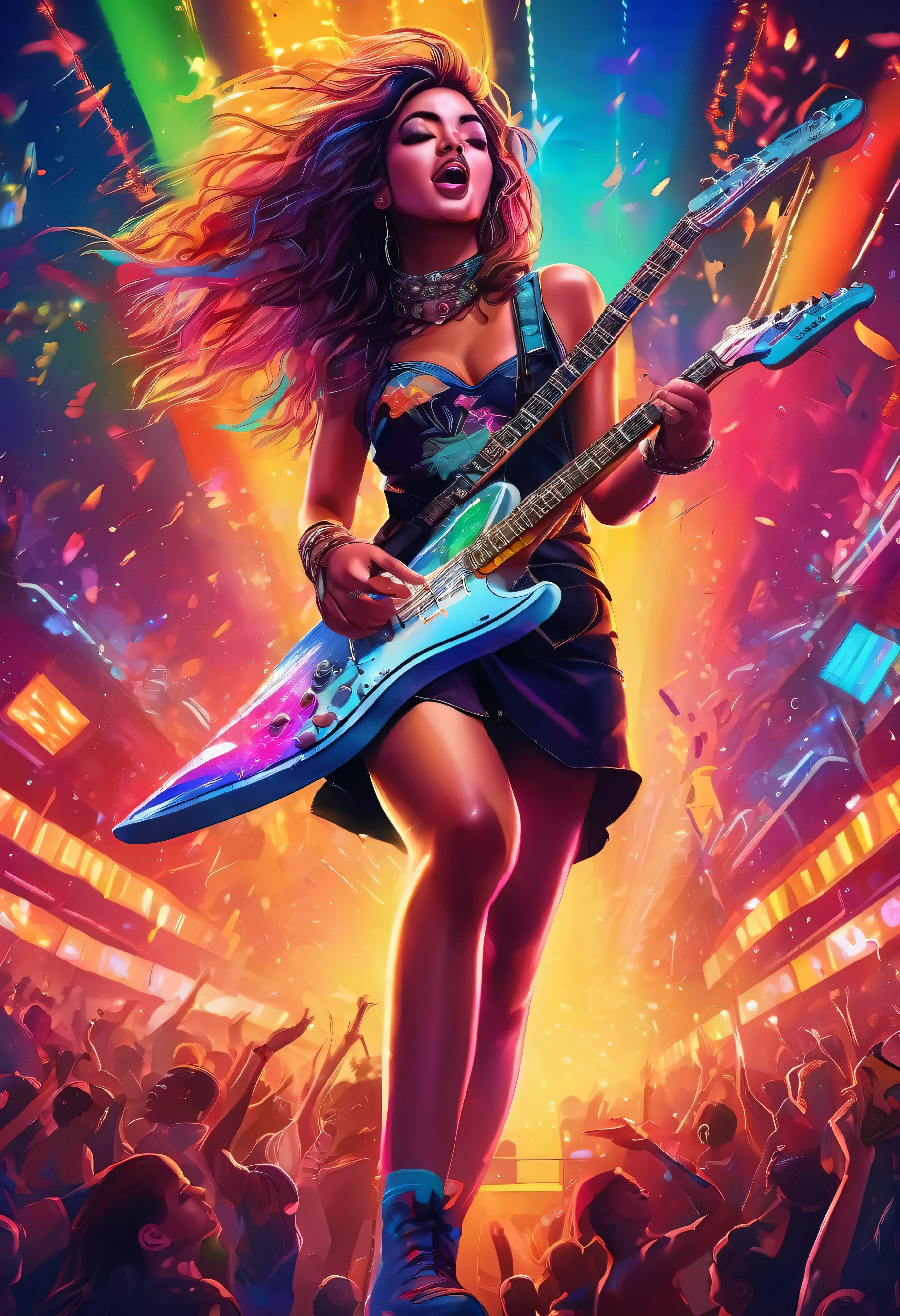 a music festival,1girl,standing on stage,playing an electric guitar,surrounded by a large crowd,colorful lights,smoke machine,rock music,high energy,vibrant atmosphere,detailed facial features,beautiful detailed eyes,beautiful detailed lips,extremely detailed skin,dynamic pose,dramatic lighting,neon colors,edgy urban style,photorealistic,8k,high resolution,hyper detailed,masterpiece