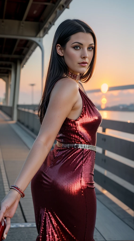 (realisitic), (Hyper-Realism), (photorealisitic:1.4), best qualityer, work of art, xtaylor, 1 girl, gazing at viewer, make up, detailedeyes, face detailed, (trunk:1.2), Red dress , Red,, sequin sparkles, neckleace, intricate details, walking on the bridge, SUNSET, Thu, (windy:1.2)
