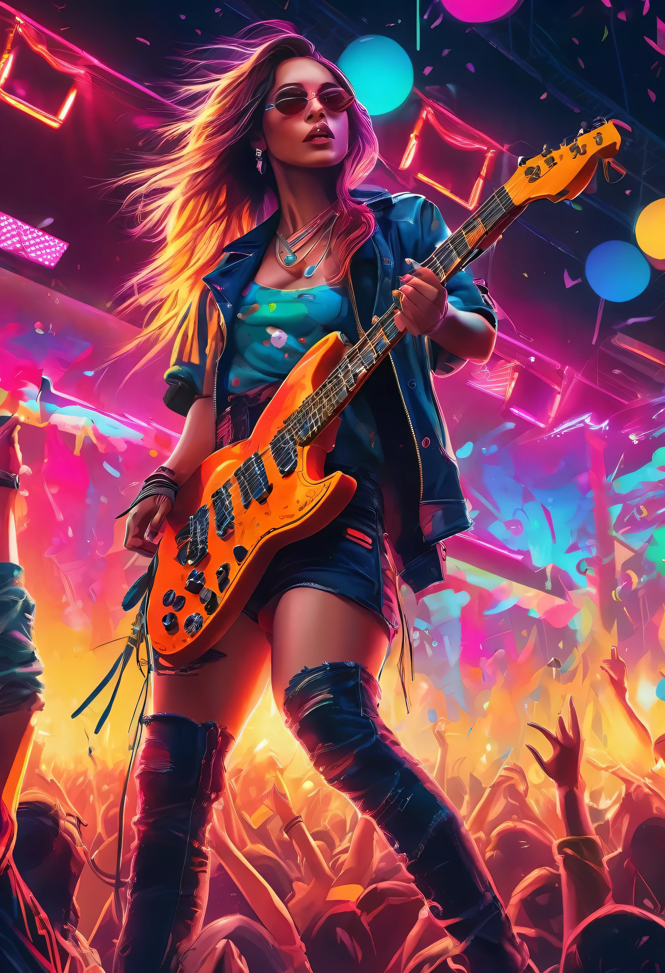 a music festival,1girl,standing on stage,playing an electric guitar,surrounded by a large crowd,colorful lights,smoke machine,rock music,high energy,vibrant atmosphere,detailed facial features,beautiful detailed eyes,beautiful detailed lips,extremely detailed skin,dynamic pose,dramatic lighting,neon colors,edgy urban style,photorealistic,8k,high resolution,hyper detailed,masterpiece