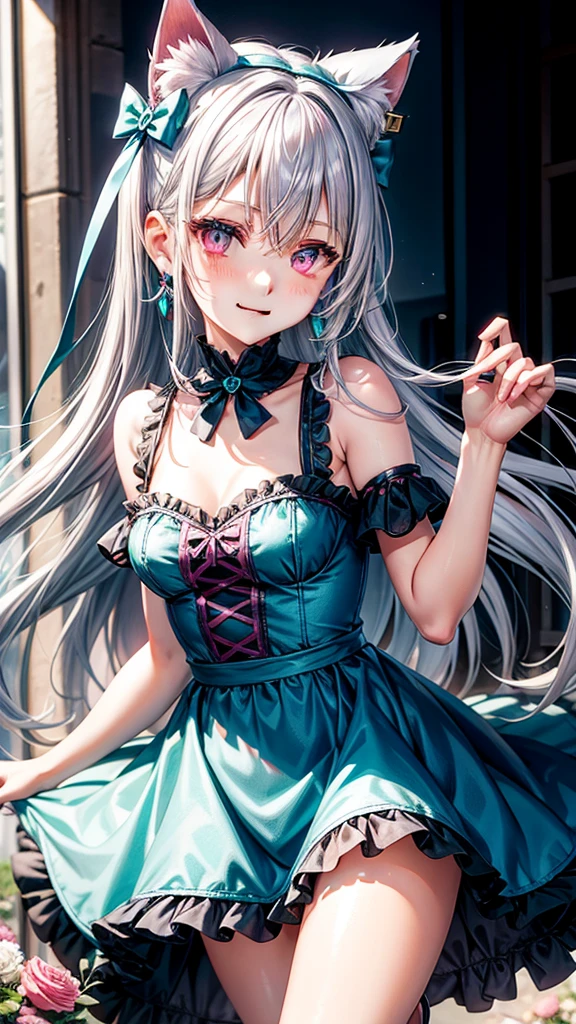 Silver hair, pink eyes, body, cat ears, adult girl, earrings, flower background, teal blue dress, hair bows, happy face, thigh up