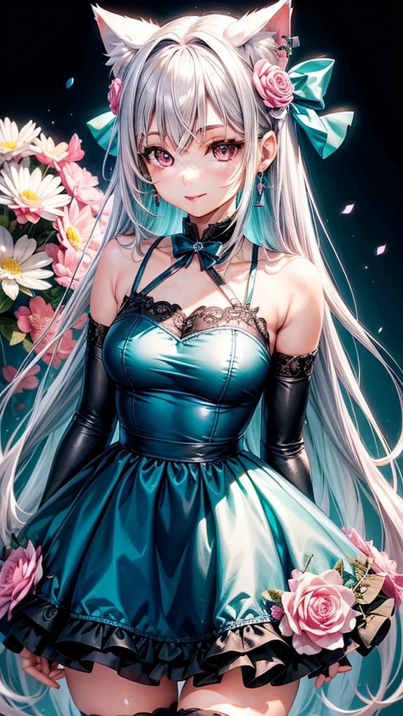 Silver hair, pink eyes, body, cat ears, adult girl, earrings, flower  background, teal blue clothes, hair bows, happy face, thigh up
