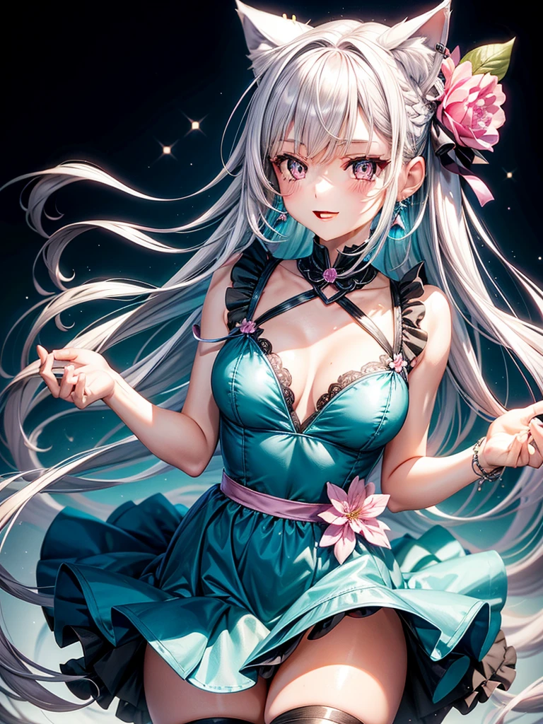 Silver hair, pink eyes, body, cat ears, adult girl, earrings, flower background, teal blue dress, hair bows, happy face, thigh up