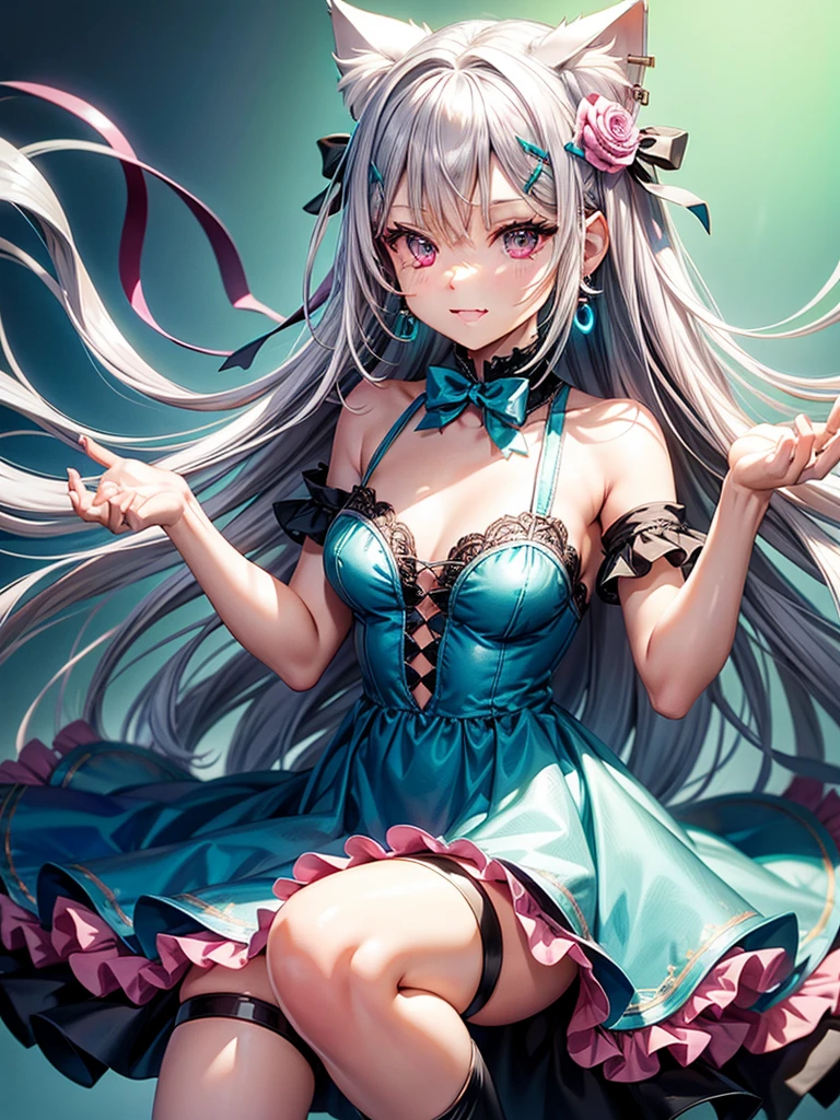Silver hair, pink eyes, body, cat ears, adult girl, earrings, flower background, teal blue dress, hair bows, happy face, thigh up
