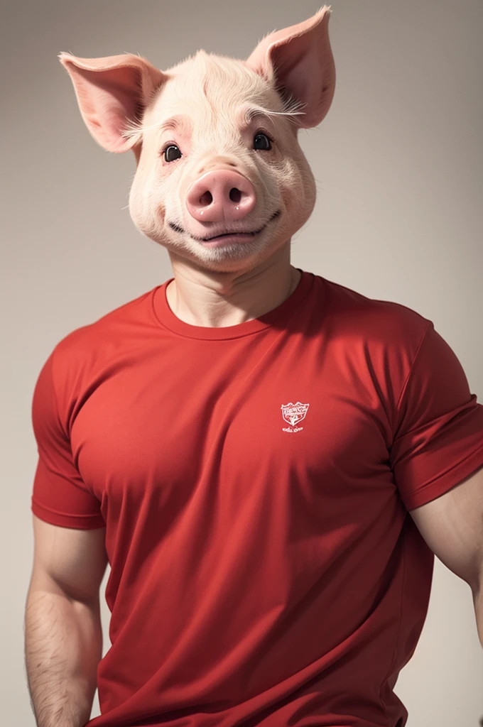 "Draw a nice pig wearing a red shirt. in shirt, &#39;pudding&#39; must be written in clear, legible letters. The pig must be in a happy and colorful environment, with a simple background that does not distract from the main character."