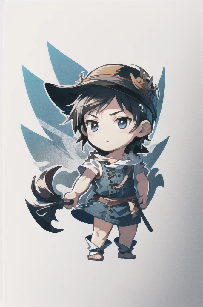 (masterpiece, best quality), Intricate detailing, 8K, artstation, backdrop, offcial art, keen focus, 1 boy, One Piece, chibi, Straw Hat Logo, White background, simple sea background, black hair, pirate flag in the background
