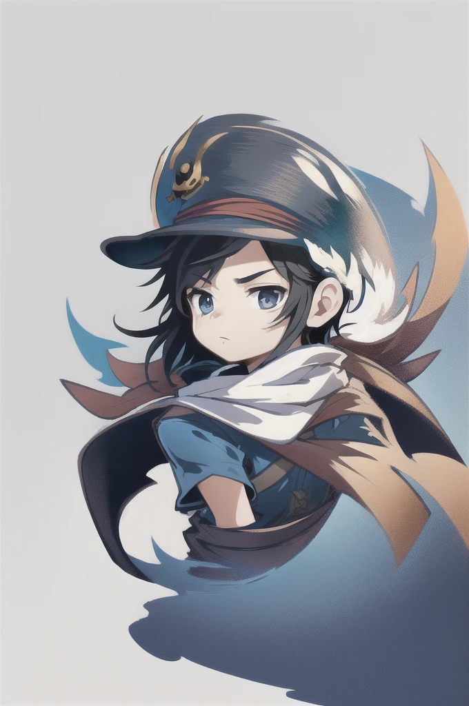 (masterpiece, best quality), Intricate detailing, 8K, artstation, backdrop, offcial art, keen focus, 1 boy, One Piece, chibi, Straw Hat Logo, White background, simple sea background, black hair, pirate flag in the background