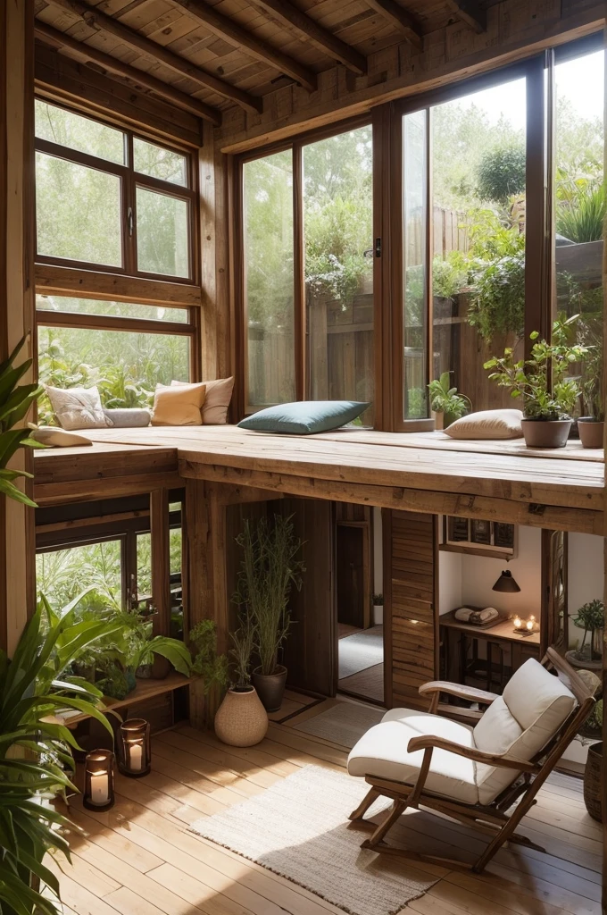 Rustic and modern holistic therapy space with more rooms, plants and armchairs