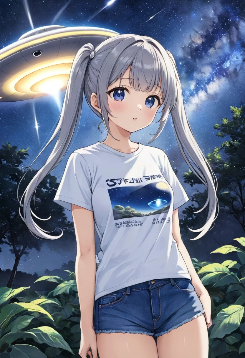 Silver long hair、Twin-tailed Girl、T-shirt and jeans、A large unidentified flying object (UFO) is flying、A shining light from the UFO、Star of the sky、milky way、Moonlit Night