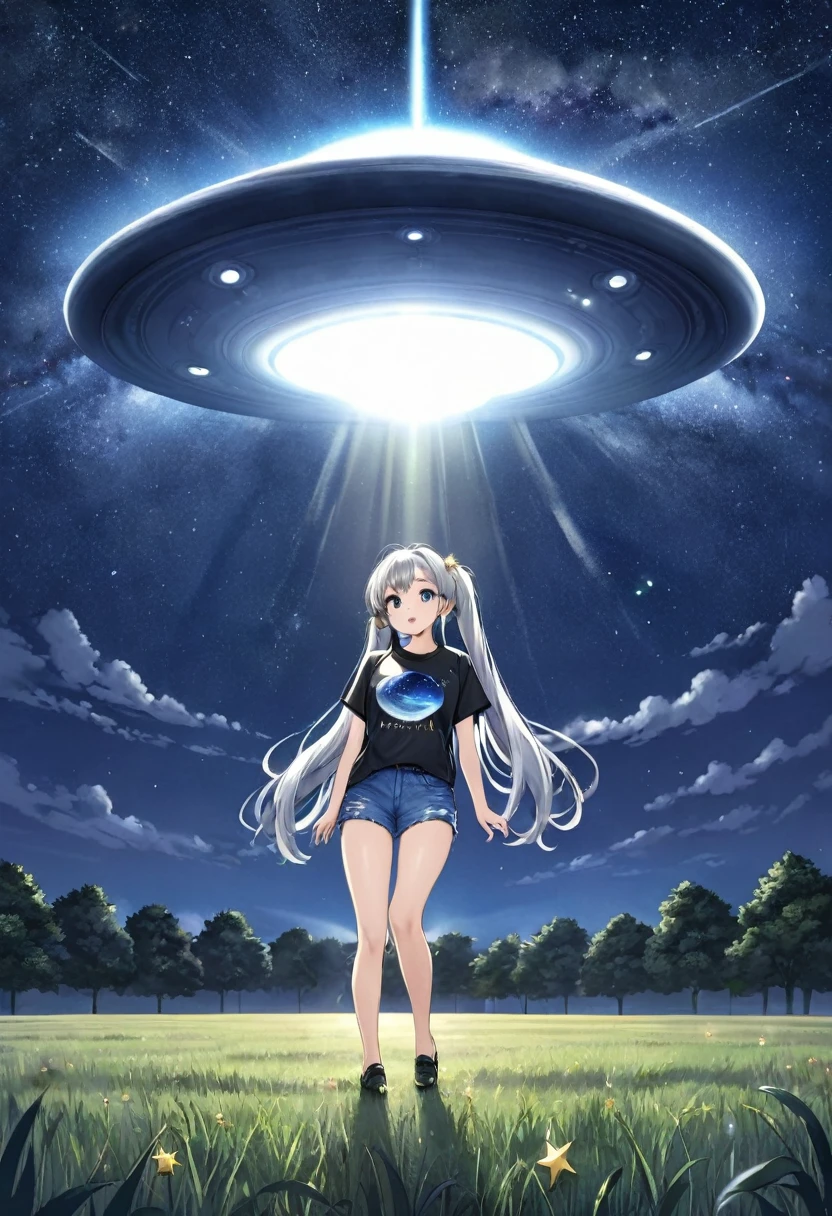 Silver long hair、Twin-tailed Girl、T-shirt and jeans、A large unidentified flying object (UFO) is flying、A shining light from the UFO、Star of the sky、milky way、Moonlit Night