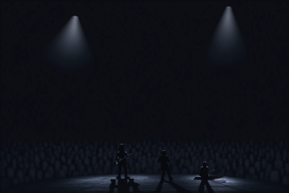 Three white male cats painted on their faces with black lines in different shapes, all with long hair. with high quality, 4k, hdr, dressed in this outfit open black leather vests without shirt tight black leather pants and black leather boots with demon faces engraved on the toe, two playing the guitar and singing, one singing and playing the bass, and one playing the drums behind everyone higher up. all singing on stage. Full body front view.