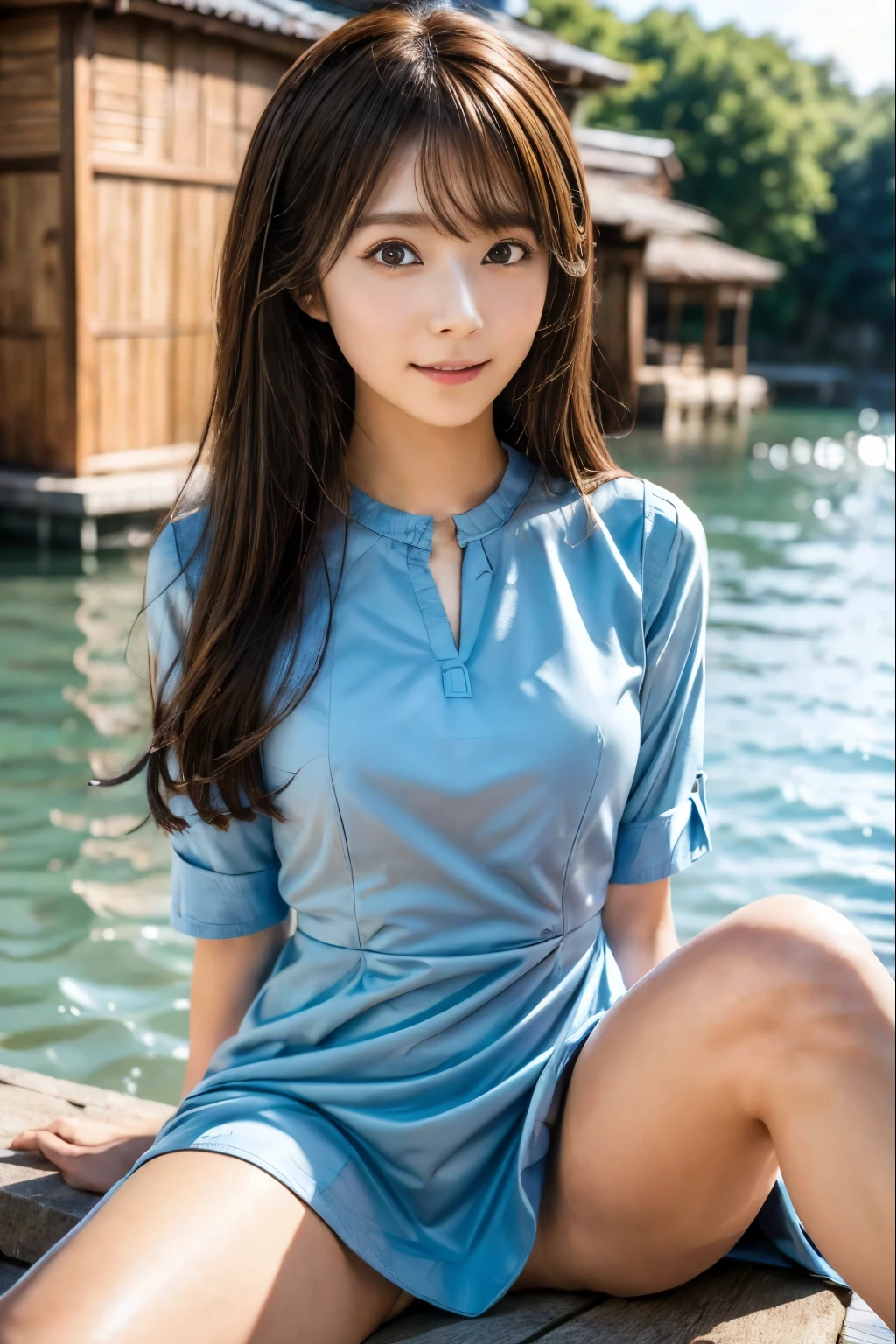 Woman sitting by the lake、Put your hands behind your back、Beauty、Well-formed face、Uniform eyes、20 years old、university student、(((Wearing a long light blue dress)))、Panties are visible between the skirt and legs、Wearing white panties、Wearing pumps、Smiling、Well-balanced proportions、Perfect blue sky、Medium build、Small face、Small Bust、View from below、, light brown hair, crossed bangs, straight hair, floating hair, seductive smile, shiny hair, expressive hair, Surrealism, Verism, cinematic lighting, tachi-e, first-person view, Nikon, UHD, anatomically correct, textured skin, high details, best quality, highres, 8k
