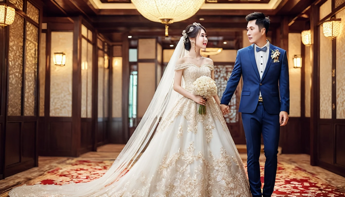 Chinese modern western style wedding bride and groom attire。RAW photos，Best quality，（reality，照⽚reality感：1.3），masterpiece，Extremely exquisite and beautiful，High resolution，Original，Perfect lighting，（Extremely detailed CG：1.2），Unification，2k wallpaper，Amazing，Fine details