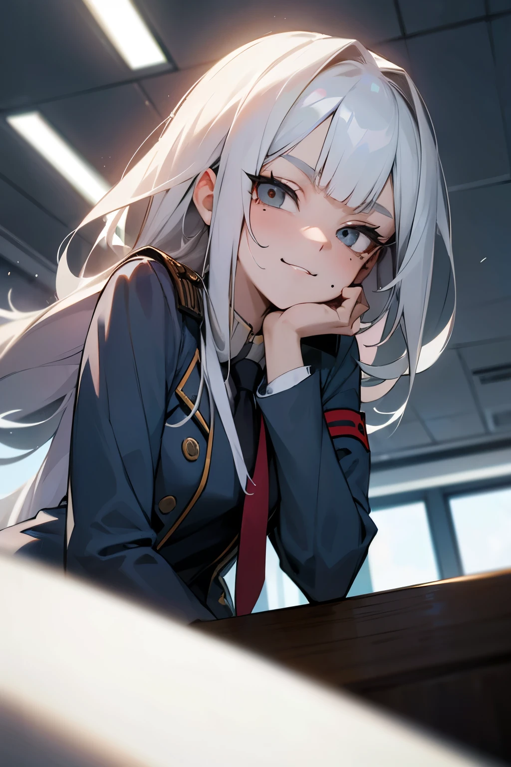 Boku no hero academia style. beautiful girl, pale skin and a mole under each eye and another under the mouth. White hair with black tips above the shoulder. slanted eyes, navy blue. expression, sonriendo looking to the camera. UA uniform, Gray jacket, Red tie. Camera angle 3/4 from below, looking to the camera. scene, stands in the UA classroom with his classmates from class 1-A.