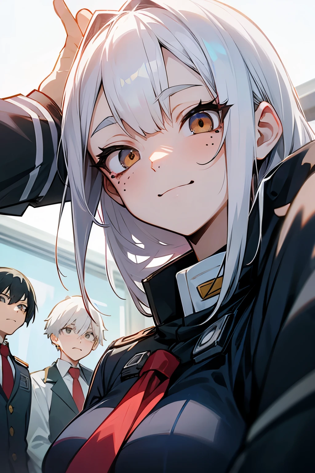 Boku no hero academia style. beautiful girl, pale skin and a mole under each eye and another under the mouth. White hair with black tips above the shoulder. slanted eyes, navy blue. expression, sonriendo looking to the camera. UA uniform, Gray jacket, Red tie. Camera angle 3/4 from below, looking to the camera. scene, stands in the UA classroom with his classmates from class 1-A.
