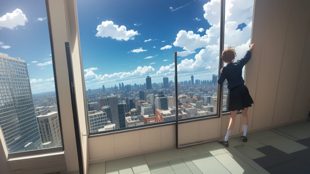 Room on the building, 1 window with broken glass, see the sky, Anime