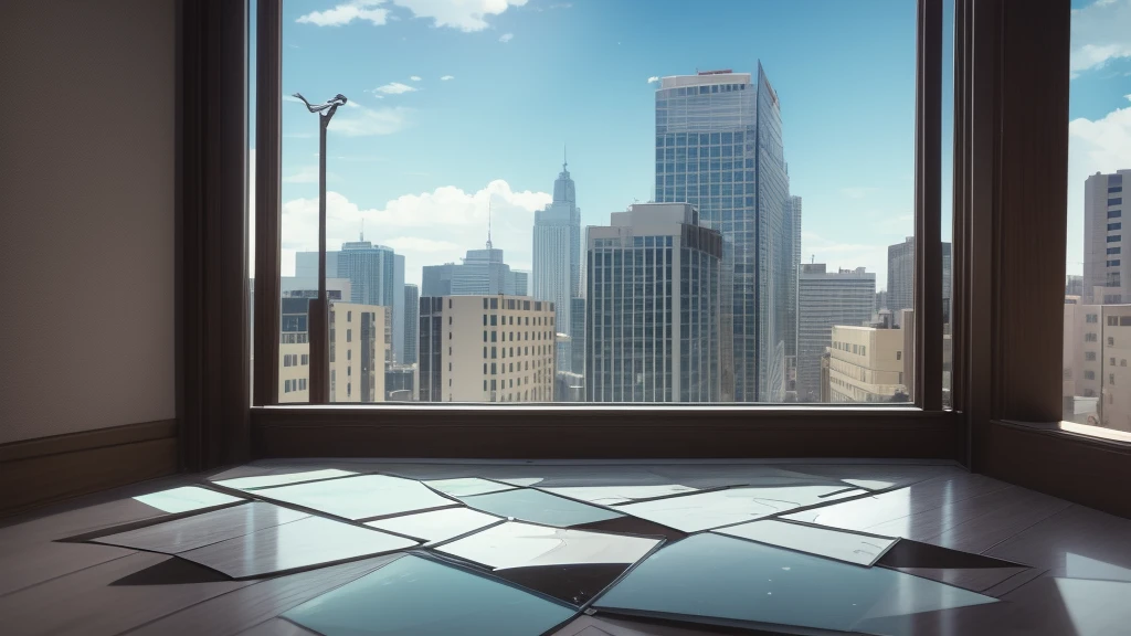 Room on the building, 1 window with broken glass, see the sky, Anime