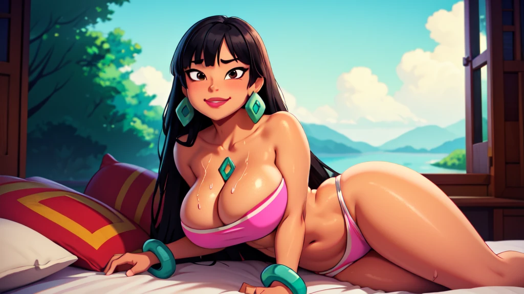 (work of art:1.2, best qualityer:1.2), soft ambient lighting, perfect lighting, 1 girl, standing alone, Chel, Bblack hair, long hair, rhombus stripe, eyes browns, darkskin, lipstick, breasts big, Broad Hips, top of the tube, neckleace, bared shoulders, emerald earrings, emerald bracelets, looking at the camera with a smug expression on his face, beach background, very large body, fat belly rolls, big breasts, sexy smile, fat arms, thunder thighs, super fat, looking at viewer, wet clothes, sweating very hard, sexy looking, blob, breathtaking, bedroom, lying in bed, home