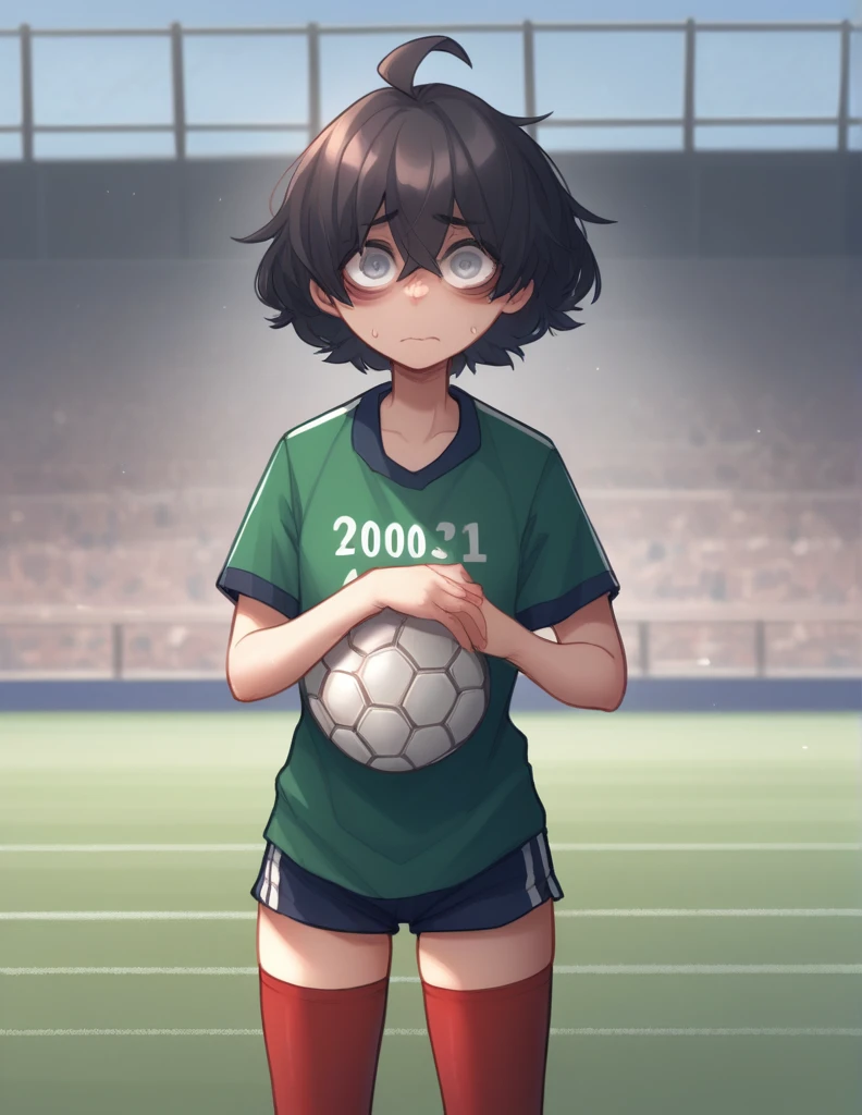 1 girl, alone, ppka, black fur, short hair, messy fur, Ahoge, parts, parts por todo el cuerpo, grey eyes, blind eyes, kind eyes, very nervous, looking at the viewer,
Football, Mexican national team uniform, tennis, red stockings, high stockings, short blanco, mini short, Mexican national team shorts, green t-shirt, Mexican national team shirt, football in balloon, soccer field