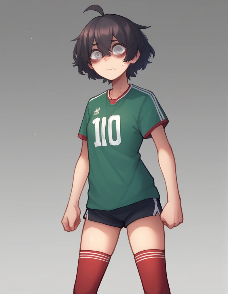 1 girl, alone, ppka, black fur, short hair, messy fur, Ahoge, parts, parts por todo el cuerpo, grey eyes, blind eyes, kind eyes, very nervous, looking at the viewer,
Football, ​​Mexican national team uniform, tennis, red stockings, high stockings, short blanco, mini short, Mexican national team shorts, green t-shirt, Mexican national team shirt, football in balloon, soccer field