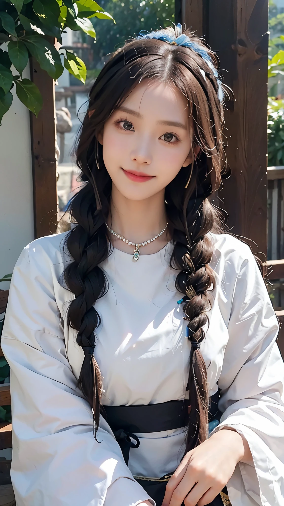 girl、Long braids、チベットのgirl、Close-up、Slightly raised head、smile、Bust photo、Upper Body、Appearance Yang Transcendent、Gorgeous Tibetan costume、Troublesome Tibetan Necklace、Cumbersome Tibetan headdress、Clothes fluff、White animal frills、Real person CG、Sweet Style、Movie Style、HD 4k