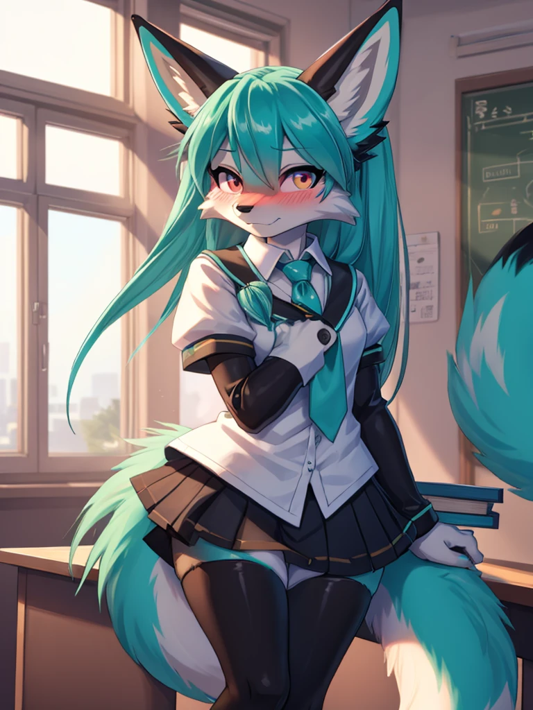 Miku Hatsune x vixen student costume, whole body, best high definition lighting, blushing face add_detail:1, Classroom, begins to deviate 