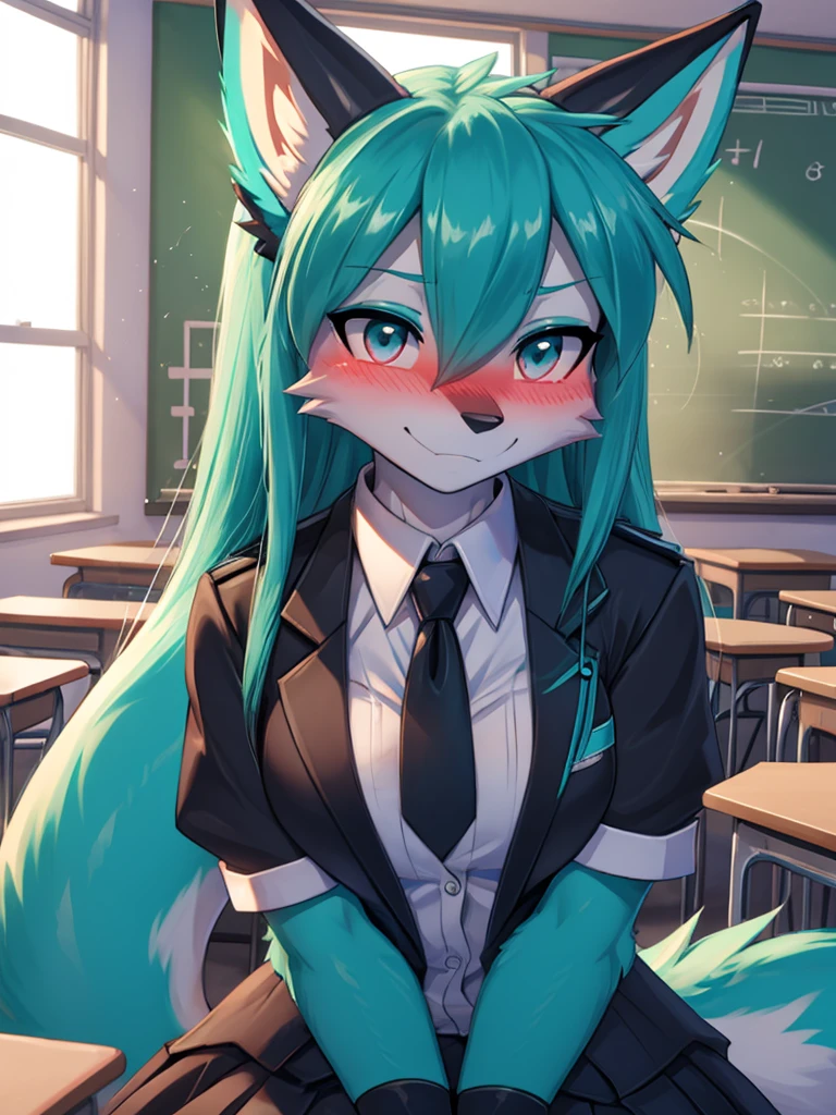 Miku Hatsune x vixen student costume, whole body, best high definition lighting, blushing face add_detail:1, Classroom, begins to deviate
