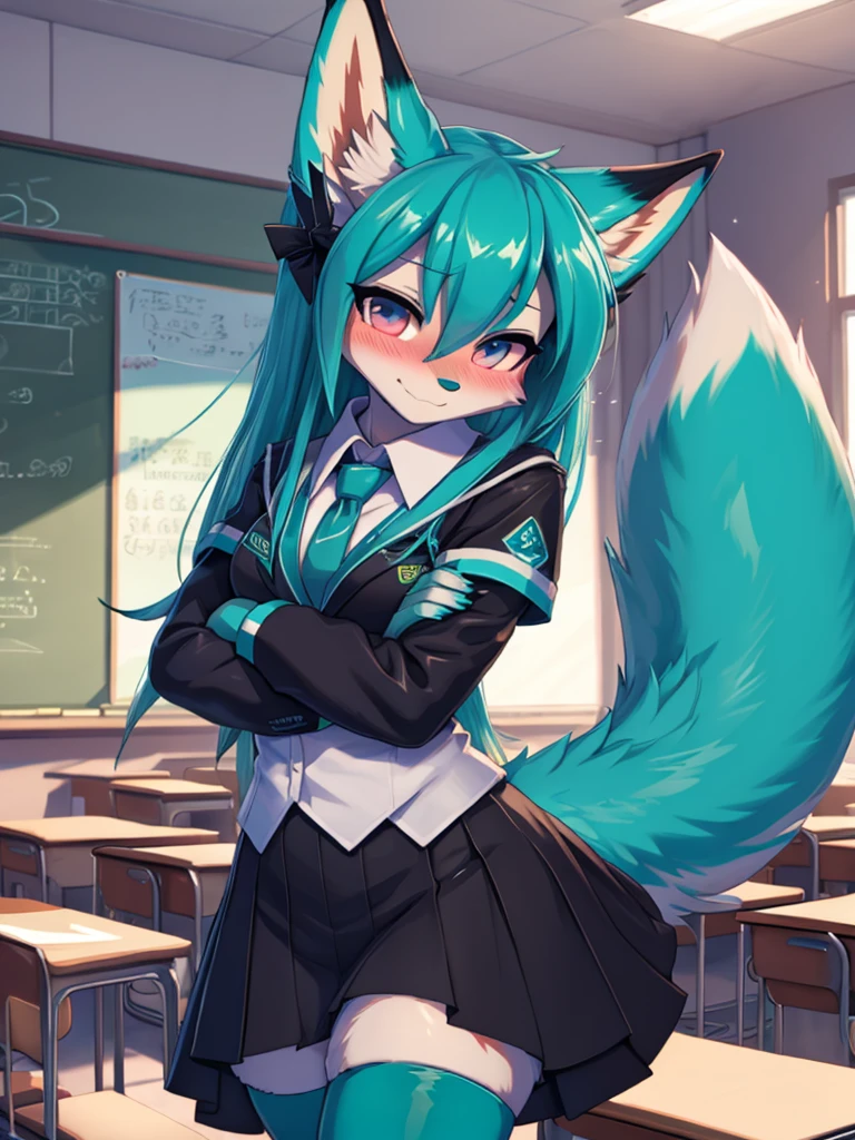 Miku Hatsune x vixen student costume, whole body, best high definition lighting, blushing face add_detail:1, Classroom, begins to deviate