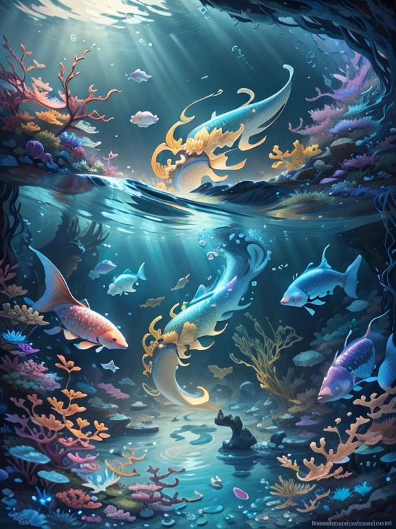 tropical seas underwater,angelote,blue tang fish,bubbles,dreamlike,(Best Quality,4k,8k,high resolution,Masterpiece:1.2),ultra detailed,(realist,photorealist,photo-realist:1.37),vivid colors,studio lighting,portraits,deep sea light rays,mesmerizing color palette,ethereal atmosphere,Algae swaying,shoals of luminous fish,calm and serene environment,Crystal clear water,majestic aquatic creatures,elegant movements,shiny scales,fascinating patterns,submerged paradise,gentle currents and ripples,magical water world,dancing light reflections,subtle touches of sunlight,peaceful and otherworldly,peace of mind in motion,rhythmic ebb and flow,immerse yourself in vivid tones,whimsical and charming landscape,serene underwater charm,Marvel at the hidden wonders.,swimming in dreams,captivating underwater charm,invisible treasures from the depths