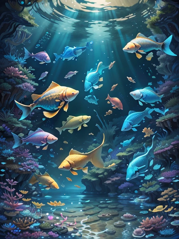 tropical seas underwater,angelote,blue tang fish,bubbles,dreamlike,(Best Quality,4k,8k,high resolution,Masterpiece:1.2),ultra detailed,(realist,photorealist,photo-realist:1.37),vivid colors,studio lighting,portraits,deep sea light rays,mesmerizing color palette,ethereal atmosphere,Algae swaying,shoals of luminous fish,calm and serene environment,Crystal clear water,majestic aquatic creatures,elegant movements,shiny scales,fascinating patterns,submerged paradise,gentle currents and ripples,magical water world,dancing light reflections,subtle touches of sunlight,peaceful and otherworldly,peace of mind in motion,rhythmic ebb and flow,immerse yourself in vivid tones,whimsical and charming landscape,serene underwater charm,Marvel at the hidden wonders.,swimming in dreams,captivating underwater charm,invisible treasures from the depths