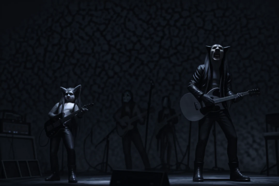 Three white male cats painted on their faces with black lines in different shapes, all with long hair. with high quality, 4k, hdr, dressed in this outfit open black leather vests without shirt tight black leather pants and black leather boots with demon faces engraved on the toe, two playing the guitar and singing, one singing and playing the bass, and one playing the drums behind everyone higher up. all singing on stage. Full body front view.