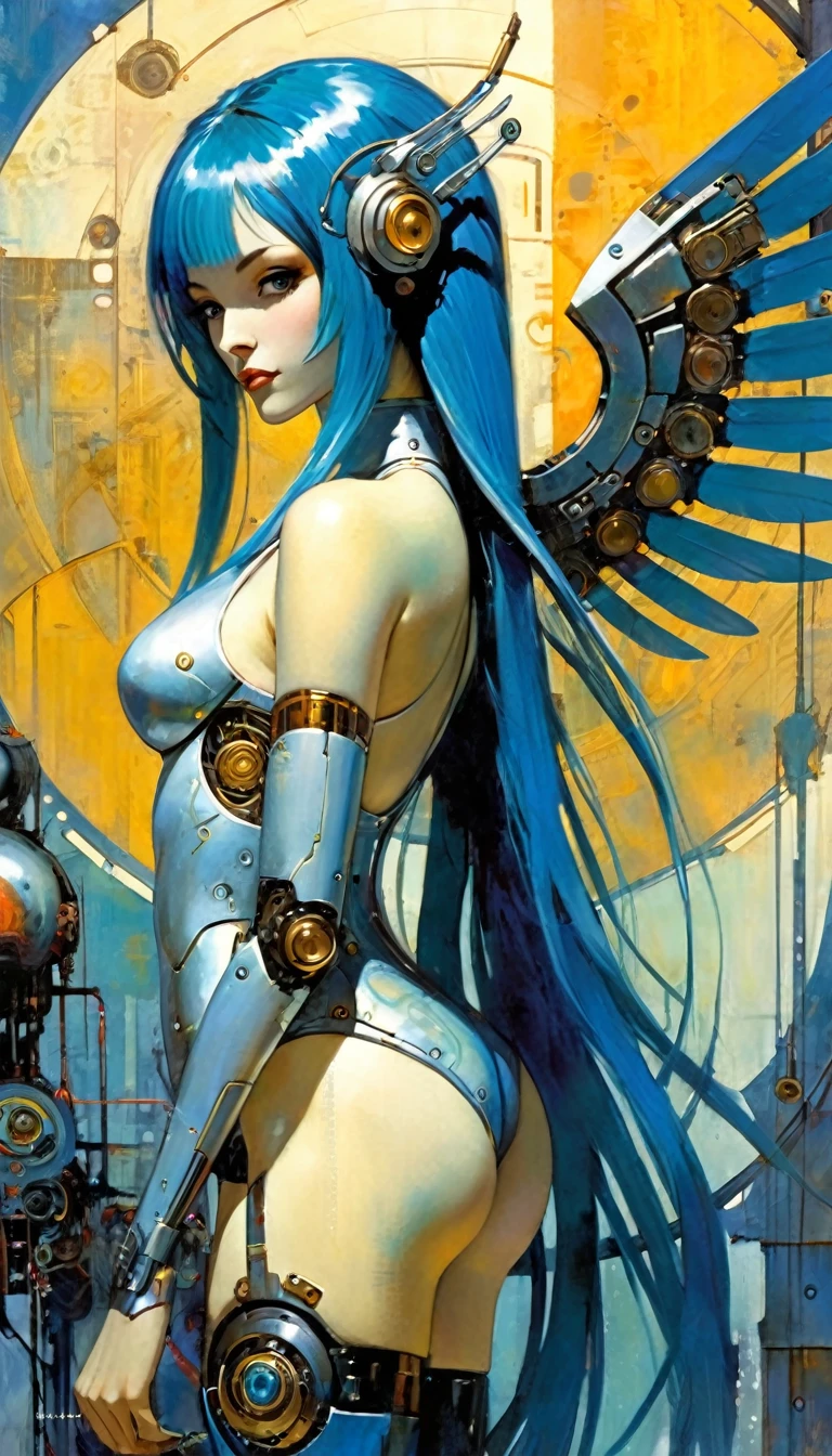 houjuu nue, asymmetrical metallic wings, mechanical parts, cyborg, Wambu, Wambu_Draws, long blue hair, futuristic world scene background (art inspired by Bill Sienkiewicz). oil painting)