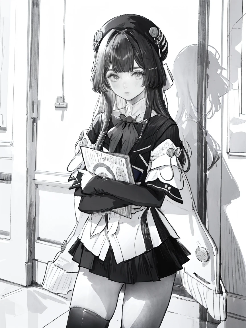 One Girl,Line art,Monochrome,sketch,Pencil drawing,Traditional Media,One Girl, Upper body,She's in trouble,pattern,sweater, ,Delicate body、mini skirt、black tights、Open leg pose、, Long sleeve, With legs apart, alone、(Cute Teenage Girl, alone),Be portrait、Respect、Crying face、Seeking help、Black-haired、
