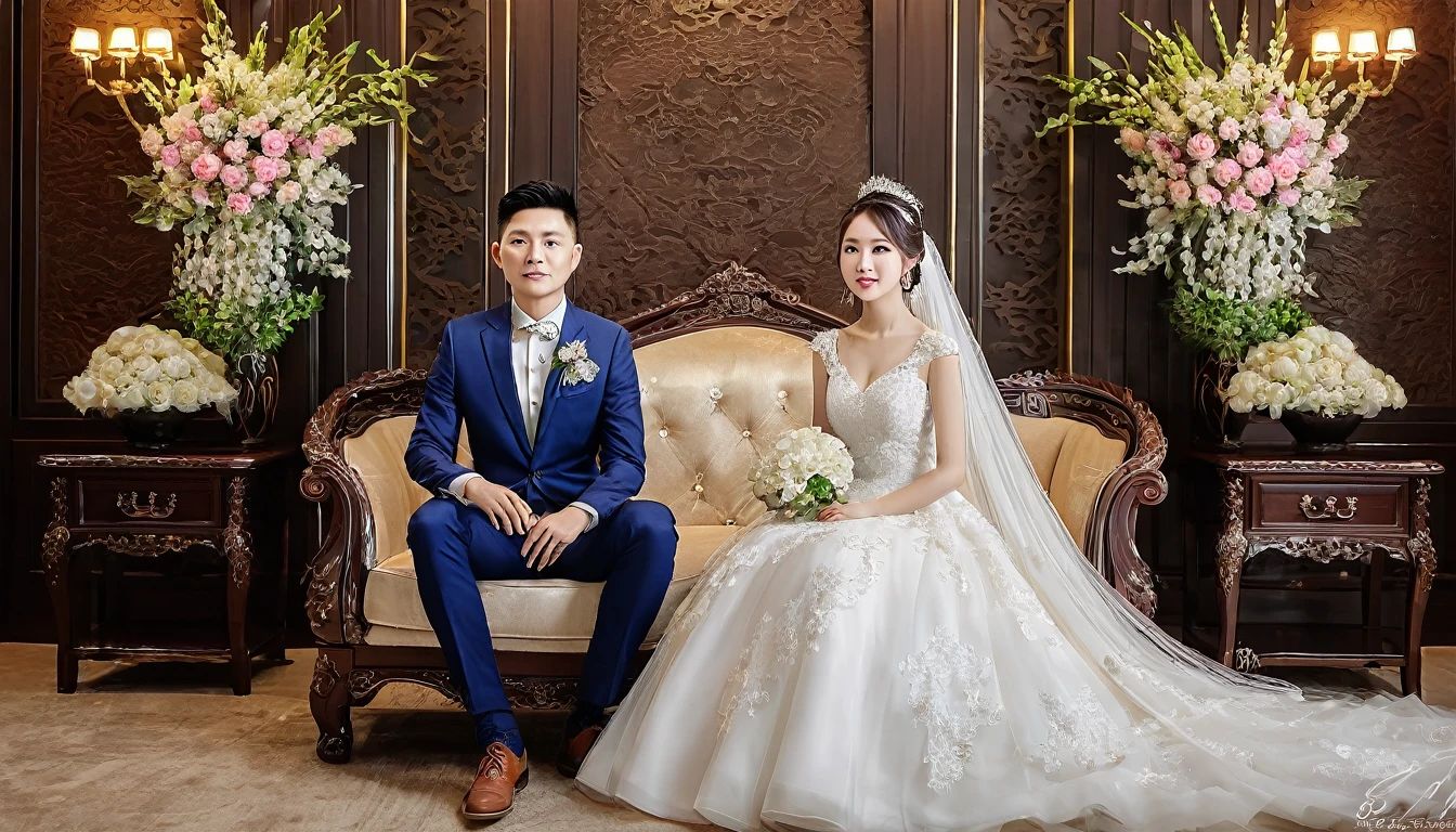 Chinese modern western style wedding bride and groom。RAW photos,Best quality,(reality,照⽚reality感:1.3),masterpiece,Extremely exquisite and beautiful,High resolution,Original,Perfect lighting,(Extremely detailed CG:1.2),Unification,2k wallpaper,Amazing,Fine details
